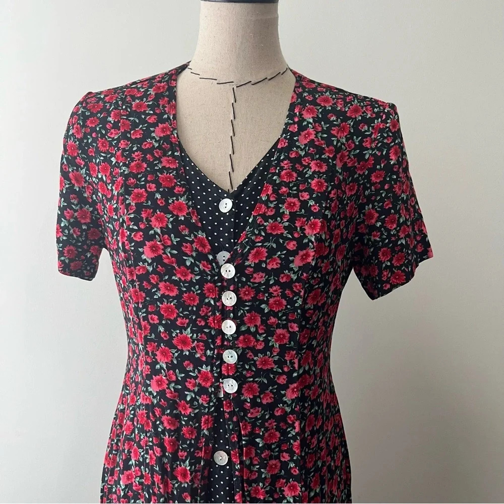 MSK vintage floral Polk dot rose button down midi dress size 6P cottagecore - Picture 6 of 10